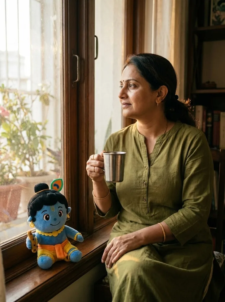 A woman with morning chai, Kanha beside her on the windowsill