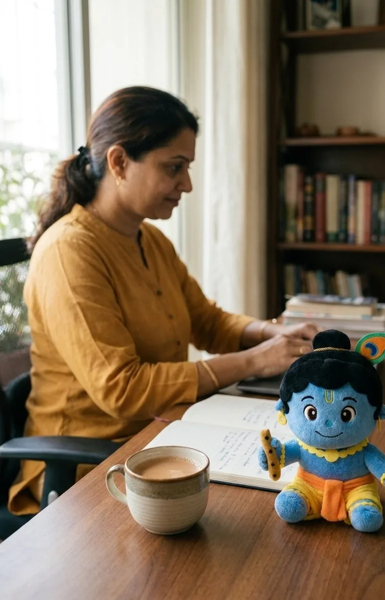 Kanha on a work desk beside a notebook and chai