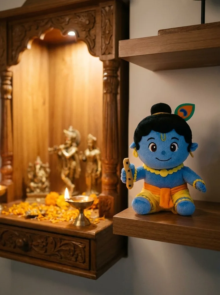 Kanha on a shelf beside a home mandir